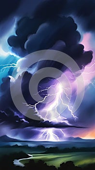 dramatic thunderstorm scene with dark clouds and vibrant lightning strikes, watercolor vertical illustration. Fury of