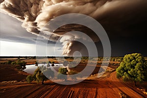 Dramatic Tornado Causing Havoc and Destruction in Villages, Amidst an Ominous Stormy Sky