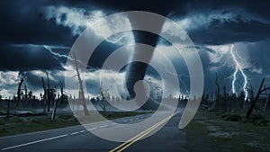 Dramatic Tornado Strikes Road in Stormy Environment