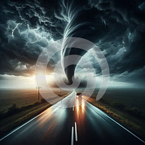 Dramatic Tornado Strikes Road in Stormy Environment