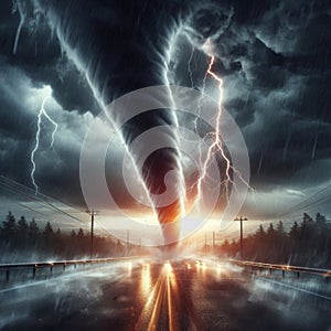 Dramatic Tornado Strikes Road in Stormy Environment