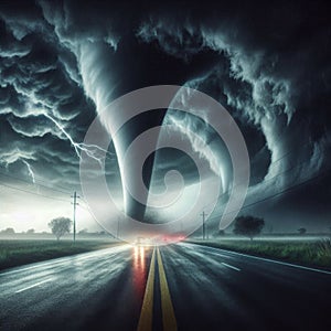 Dramatic Tornado Strikes Road in Stormy Environment