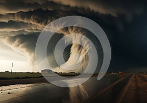 Dramatic tornado swirling amidst lightning thunderstorm raw force of nature disaster