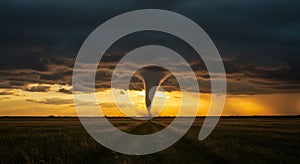 Dramatic Tornado Touchdown on a Prairie at Sunset