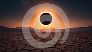 Dramatic Total Solar Eclipse Over Cracked Desert Landscape at Sunset AI generated.