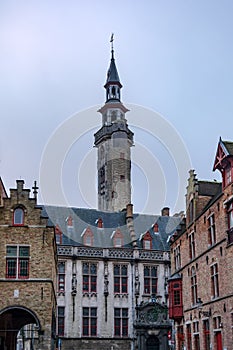 The dramatic tower of The Poortersloge BurgherÃ¢â¬â¢s Lodge in slight morning fog