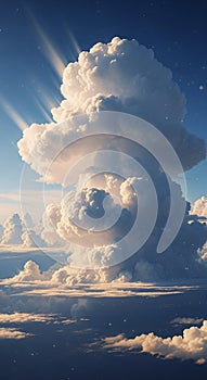Dramatic towering white cumulus clouds, sunlight rays in deep blue sky