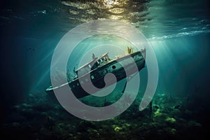 dramatic underwater shot of capsized boat