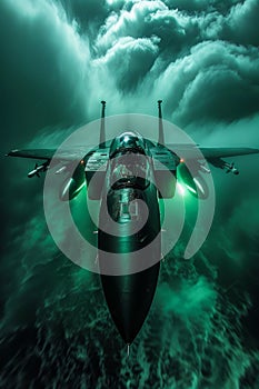 Dramatic Underwater View of Advanced Fighter Jet Cruising in Ocean Depths with Turbulent Waves and Stormy Skies Above