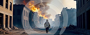 Dramatic Urban Landscape, Firefighter in Ruins, AI Generated