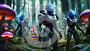 Dramatic video game scene. Futuristic psychedelic forest heroes combat explosions backlights. Generative AI.