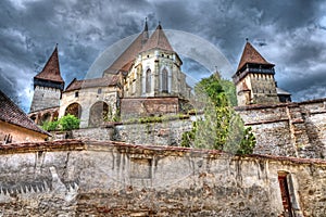 Dramatic view of Biertan Fortified Church, Transylvania, Romania