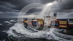 Dramatic view of a cargo container ship battling massive waves in a stormy ocean