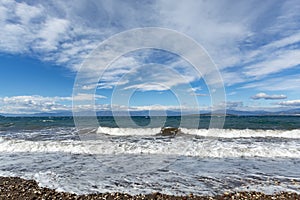 Dramatic view on dark stormy sea on Peloponnese, Greece