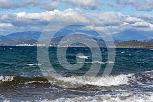 Dramatic view on dark stormy sea on Peloponnese, Greece