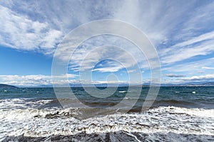 Dramatic view on dark stormy sea on Peloponnese, Greece