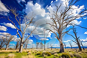 Dead trees against a contrasting blue sky photo