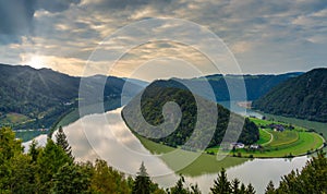 Dramatic view of the Donauschlinge Danube bend or loop, a spectacular meander where the mighty river makes a 360 degree turn,