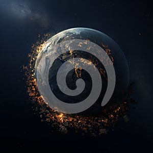 A dramatic view of Earth engulfed in flames and cosmic debris.