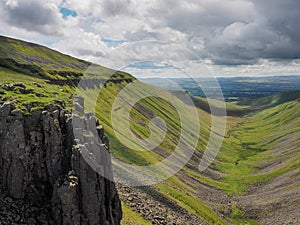 Dramatic view from High Cup Nick of chasm, Eden Valley, North Pennines, Cumbria