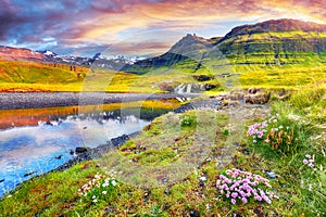 Dramatic view on Kirkjufellsfoss waterfall  near Kirkjufell mountain at sunset