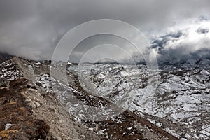 Dramatic view over gloomy Ngozumpa glacier in.