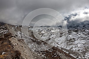 Dramatic view over gloomy Ngozumpa glacier in. photo