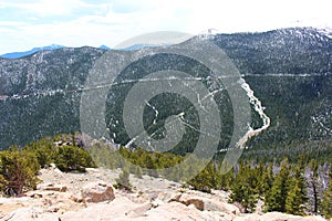 A dramatic view of the pine and snow covered Rocky Mountains on the Trail Ridge Road in Rocky Mountain National Park