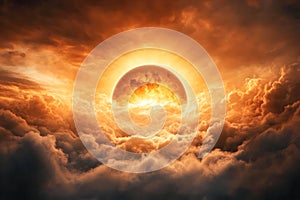 Dramatic view of a solar eclipse emerging through glowing clouds.
