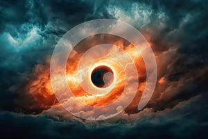 Dramatic view of a solar eclipse emerging through glowing clouds.
