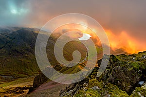 Dramatic View From Summit Of Great Gable Overlooking Wastwater In The Lake District.