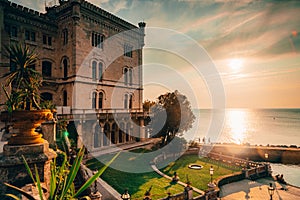 Dramatic view of the tourist spot Castello di Miamare Castle of Miramare in Trieste, Italy on the Mediterranean sea coast in