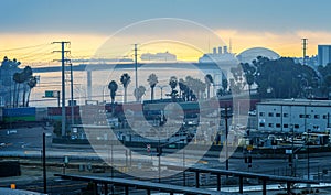 Dramatic View of the transportation hub and Queensway Bay and Queen Mary ship in Long Beach, California, USA