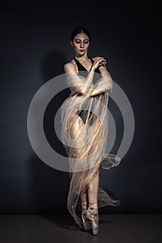 Dramatic vintage portrait of a girl dancing ballerina in a black dress