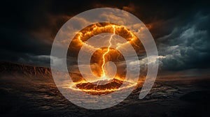 Dramatic volcanic eruption with a striking lightning bolt and fiery ash cloud photo