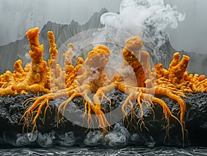 Dramatic Volcanic Landscape with Explosive Orange Eruption and Plumes of Smoke Against Grey Mountainous Backdrop