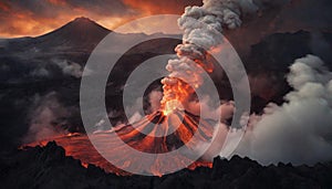 A dramatic volcanic landscape with lava flowing and plumes of smoke rising into the