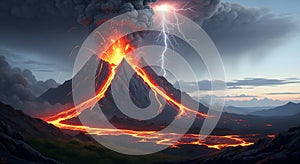 Dramatic Volcano Eruption with Lava Flow and Lightning Strike
