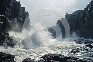 Dramatic waves crashing against rugged coastal. Generative ai