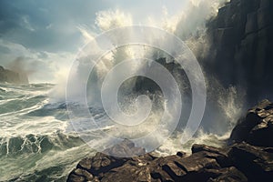 Dramatic waves crashing against rugged coastal. Generative ai