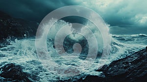 Dramatic Waves Crashing on Rocky Coastline Under a Stormy Sky