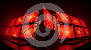 Multi-screen setup glowing red with chaotic warnings