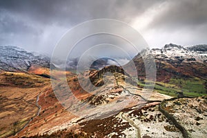 Dramatic winter weather in the Lake District on lingmoor fell with snow clouds and wild scenery