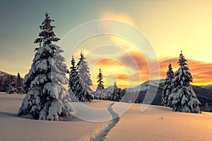 Dramatic wintry scene with snowy trees.