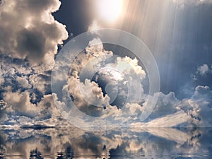 Dramatical sunset on blue pink sky yellow clouds skyline, water sea reflection beautiful landscape summer nature