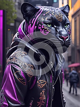dramatically detailed scene, a humanoid with a panther face and a pumped-up human body stands on the city street.