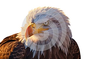 Dramatically Lit American Bald Eagle Head Isolated on a White Background - Generative AI