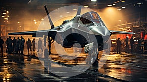 Dramatically lit Lockheed Martin F-35 Fighter Jet waiting on the runway - generative AI