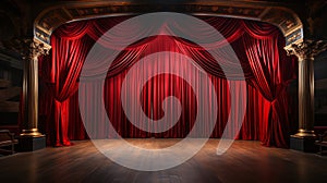 Pilars and Theatre Curtains and Wooden Stage Floor. Generative AI photo