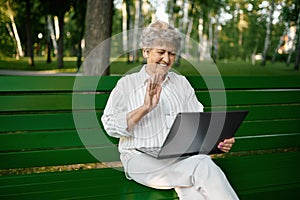 Drandma using laptop on the bench in summer park